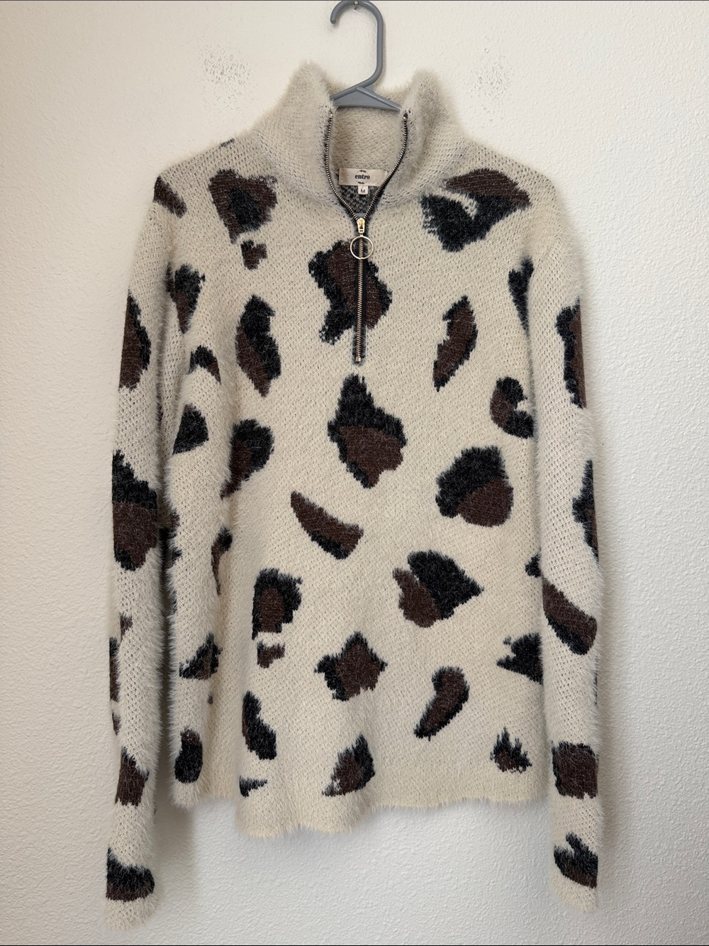 Entro Eyelash Fuzzy Animal/Leopard Print Quarter-Zip Pullover Sweater Medium